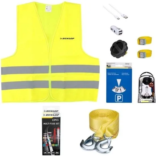 Dunlop Auto Veiligheidsset met o.a autolader - sleepkabel - veiligheidsvest