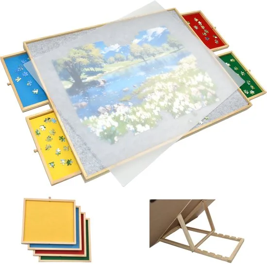 FlinQ Verstelbare Puzzelbord met Sorteersysteem - Puzzelplaat met Bescherming - 4 Lades voor 1500 stukjes
