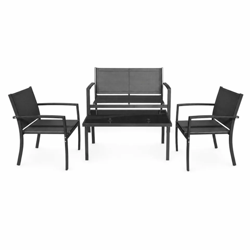 HI Loungeset 4-delig zwart - tuinset met sofa, 2 stoelen en glazen tafel