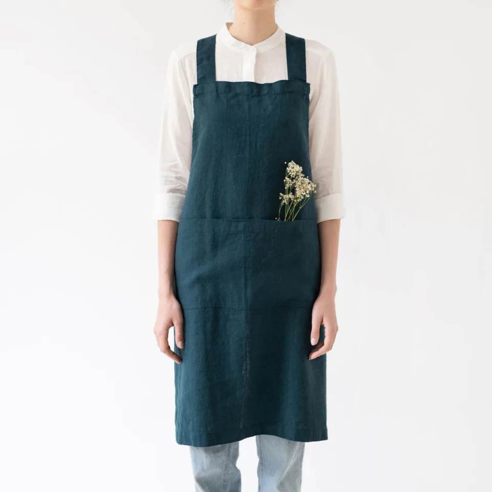 Linen Tales - linnen keukenschort kruisband - deep water .