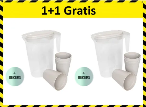 Michelino Transparante Karaf met 4 Kunststof Bekers - 1 Liter 1+1 Gratis