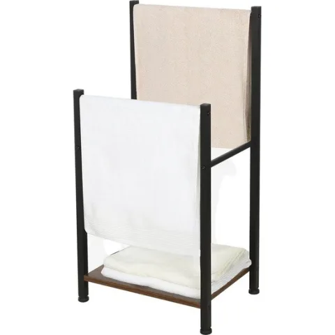 Niceey Handdoekrek - 2 Armen met Opberg Plank - Metaal - Hout - Zwart