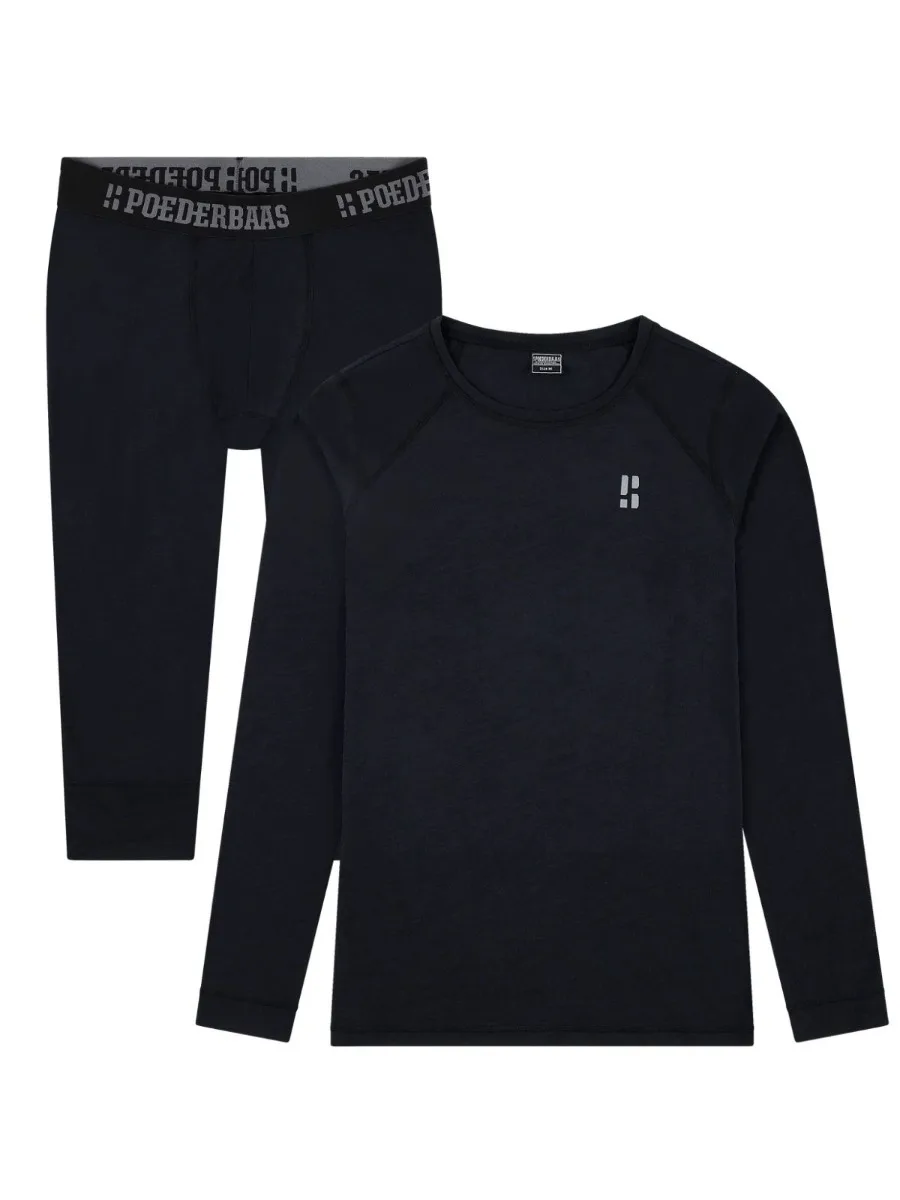 Poederbaas Thermoset Merinowol Heren - Thermoshirt + Thermolegging 3/4 - Zwart-L