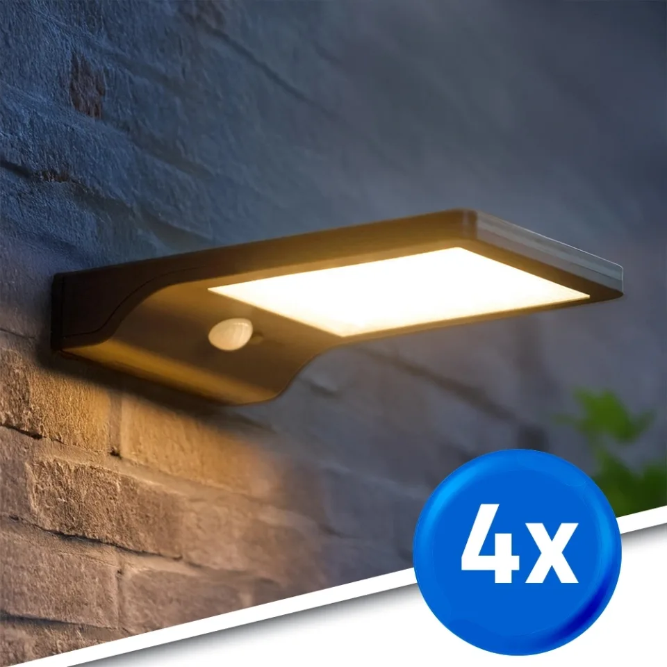Solar wandlamp slim met 36 leds en bewegingsmelder zwart op zonne energie voordeelset van 4 stuks
