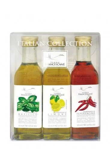 Terre Francescane - set van 3 flesjes olijfolie met smaken .